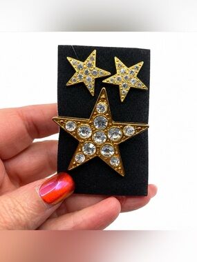 Star Gold Tone Rhinestone Brooch & Pierced Earring Set Vintage